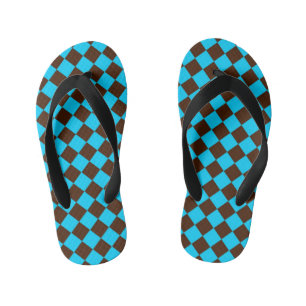 Blue Brown Diamond Chequered Pattern Kid's Flip Flops