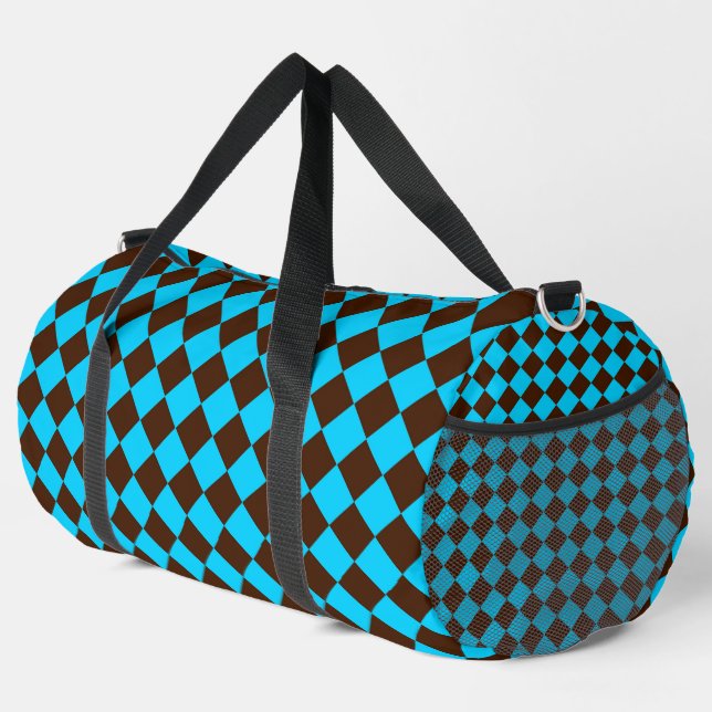 Blue Brown Diamond Chequered Pattern Large	 Duffle Bag (Right Corner)