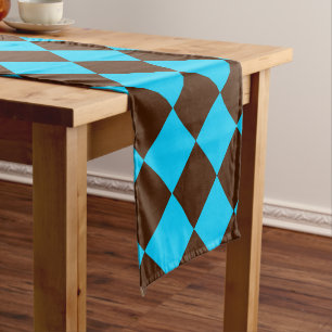 Blue Brown Diamond Chequered Pattern Short Table Runner