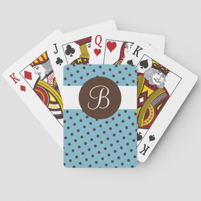 Blue brown dots custom monogram playing cards (Back)