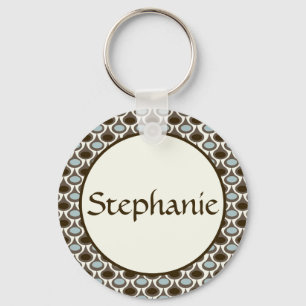 Blue Brown Dots Customizable Name Button Keychain