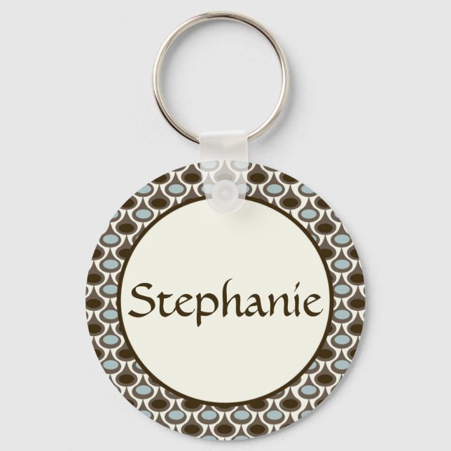 Blue Brown Dots Customizable Name Button Keychain (Front)