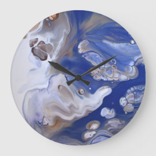 Blue brown Fluid Art Abstract Marble Flow Large Clock