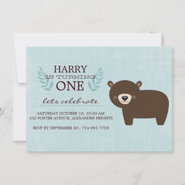 Blue & Brown Forest Bear Boys Birthday Invite (Front)