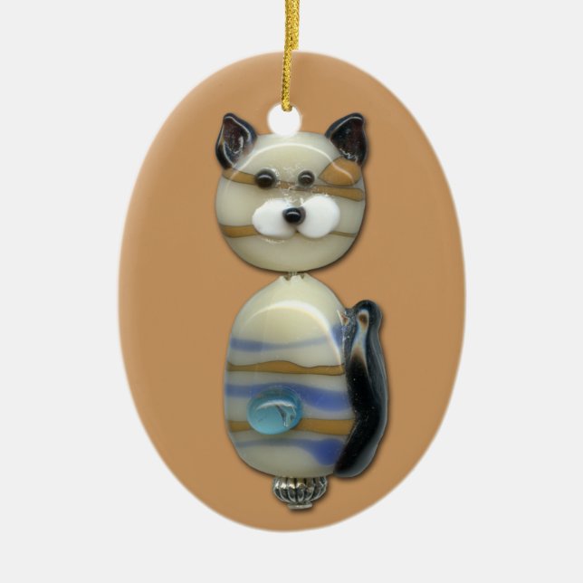 Blue Brown Glass Bead Cat Ceramic Ornament (Front)