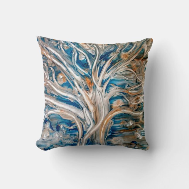 Blue Brown Gold Abstract Tree Throw Pillow (Front)
