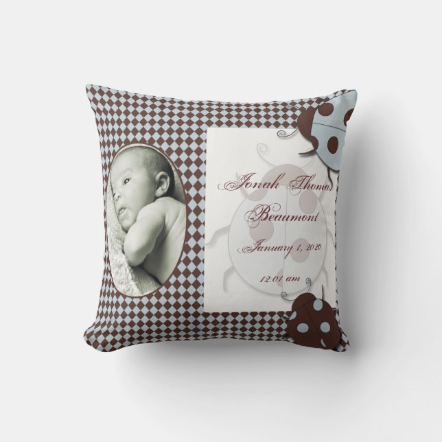Blue Brown Ladybug Baby Keepsake Pillow (Front)
