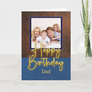 Blue & Brown leather Gold Script Dad Birthday Card