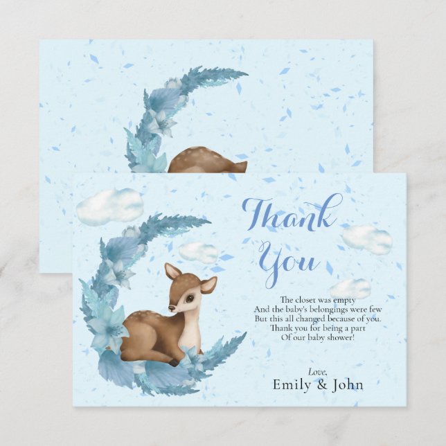 Blue Brown Little Bambi Clouds Half-Moon Dust Thank You Card (Front/Back)
