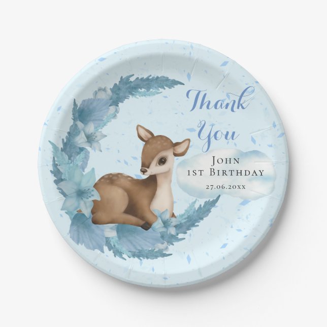 Blue Brown Little Bambi Dust Cloud Birthday Boy Paper Plate (Front)