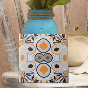 Blue Brown Orange Boho Ethnic Geometric Pattern Tile