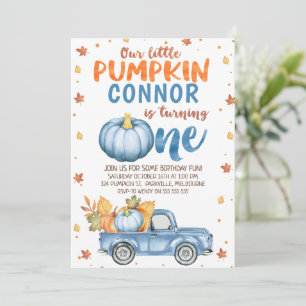 Blue Brown Orange Pumpkin Truck 1st Birthday Invitation