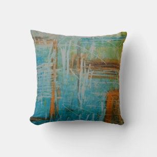 Blue Brown Orange Soft Colour Abstract Painting Throw Pillow