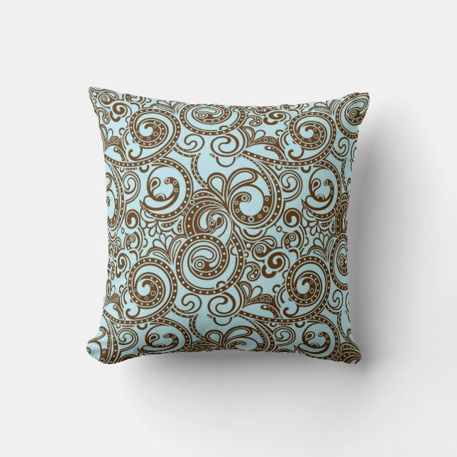 Blue & Brown Ornate Abstract Swirls Pattern Throw Pillow (Front)
