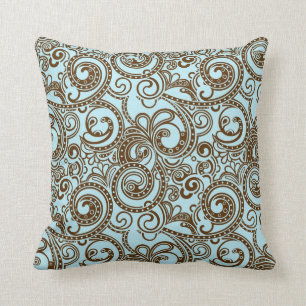Blue & Brown Ornate Abstract Swirls Pattern Throw Pillow