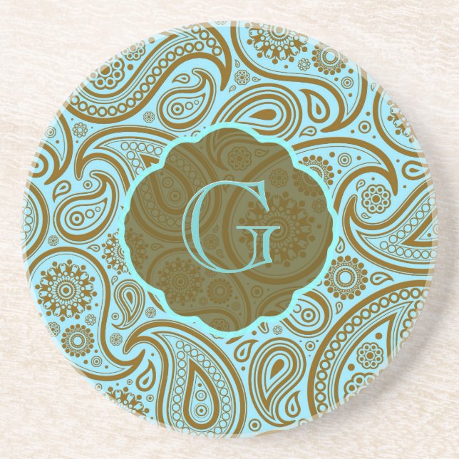 Blue & Brown Paisley Retro Pattern-Monogram Coaster (Front)