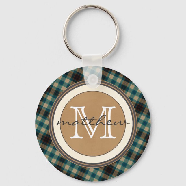 Blue Brown Plaid Monogram Keychain (Front)