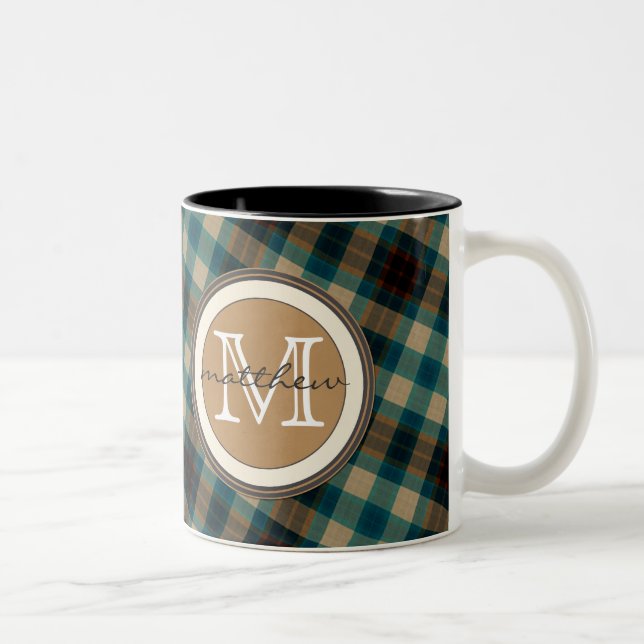 Blue Brown Plaid Monogram Two-Tone Coffee Mug (Right)