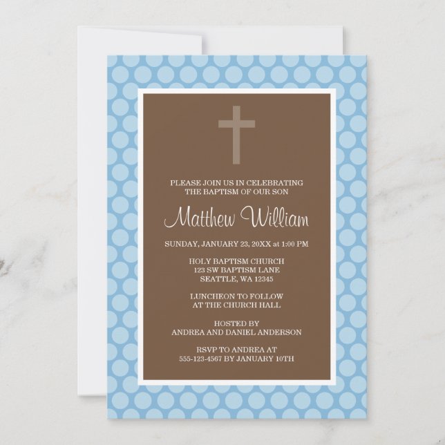 Blue Brown Polka Dot Cross Boy Baptism Christening Invitation (Front)