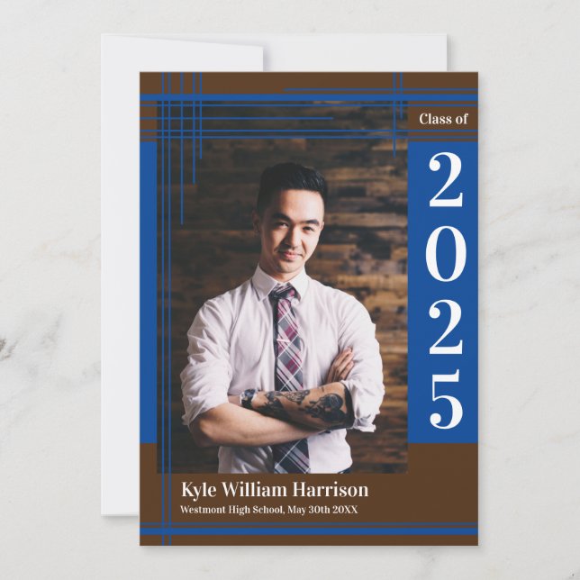 Blue Brown School Colour Graduation Photo Plaid Invitation (Front)