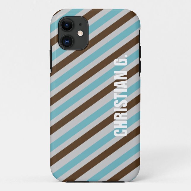 Blue brown stripe pattern custom name personal Case-Mate iPhone case (Back)