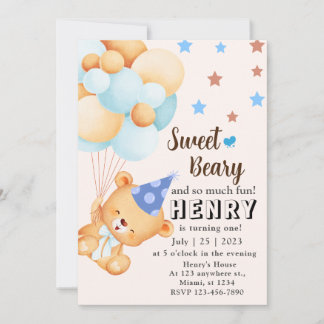 Blue Brown Sweet Bear with Balloons Boy's Birthday Invitation