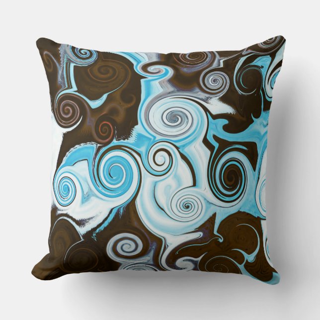 Blue Brown Swirl Modern Retro Pattern Throw Pillow (Front)