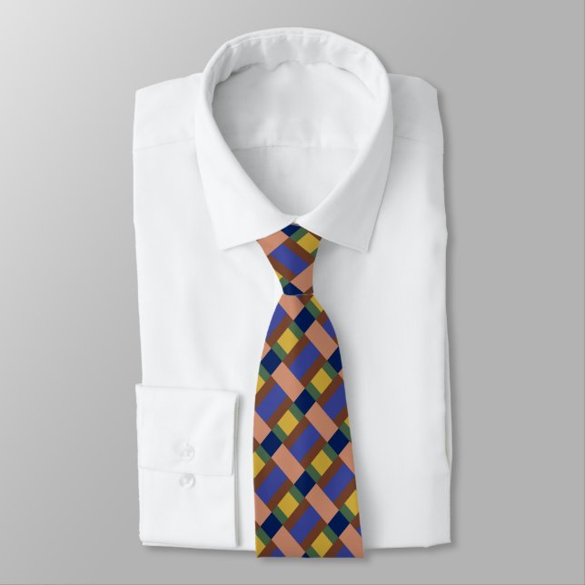 Blue Brown Tan Green Yellow Colour Block Print Tie (Tied)