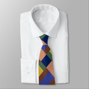 Blue Brown Tan Green Yellow Colour Block Print Tie
