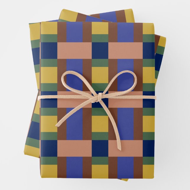 Blue Brown Tan Green Yellow Colour Block Print Wrapping Paper Sheet (In situ)