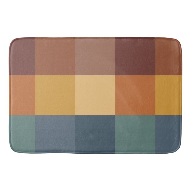 BLUE BROWN TAN MUSTARD TEAL CUBES BATH MAT (Front)