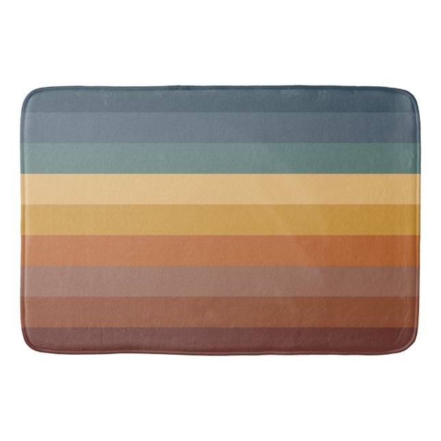 BLUE BROWN TAN MUSTARD TEAL STRIPES BATH MAT (Front)