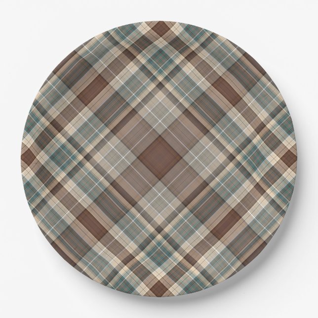 Blue brown tartan check paper plate (Front)