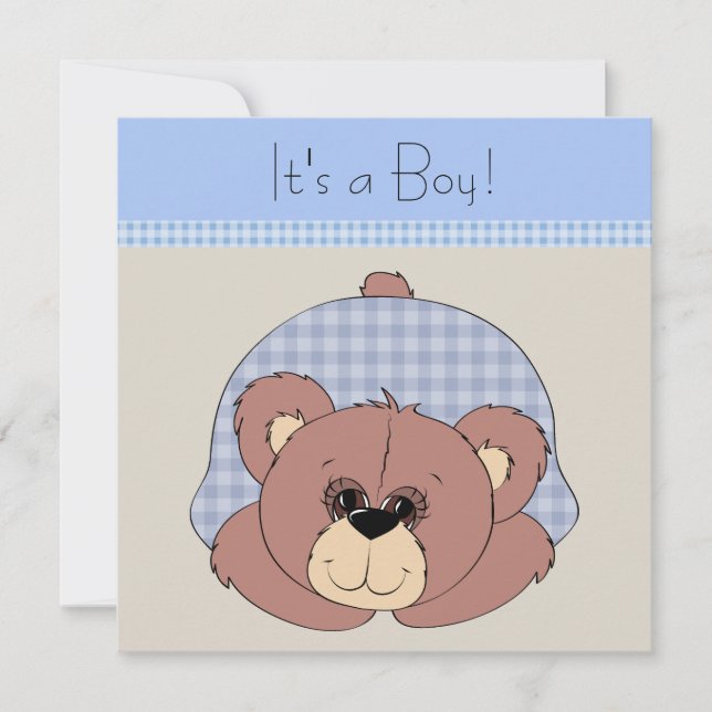 Blue Brown Teddy Bear Baby Boy Shower Invitation (Front)