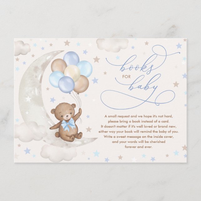 Blue Brown Teddy Bear Balloons Books for Baby Boy Enclosure Card (Front)