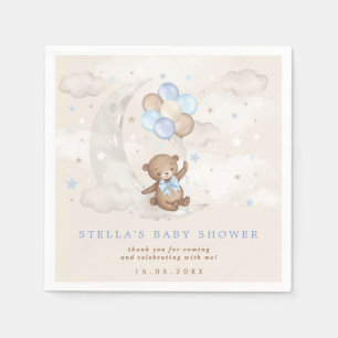 Blue Brown Teddy Bear Balloons Moon Stars Baby Boy Napkin
