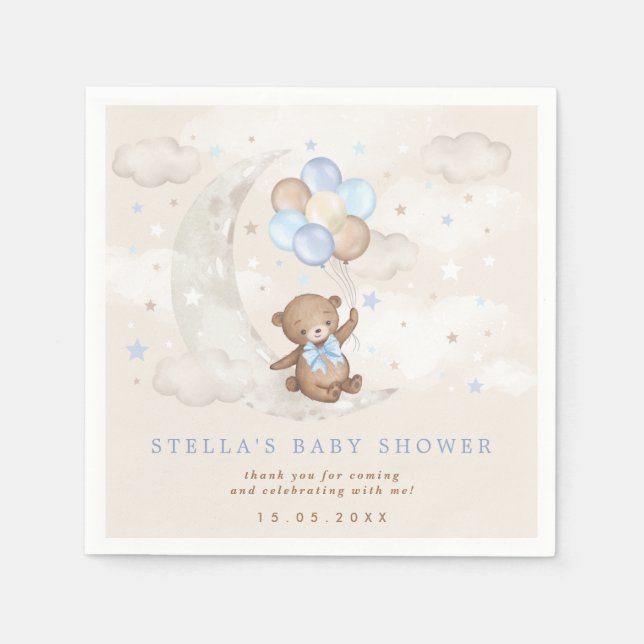Blue Brown Teddy Bear Balloons Moon Stars Baby Boy Napkin (Front)