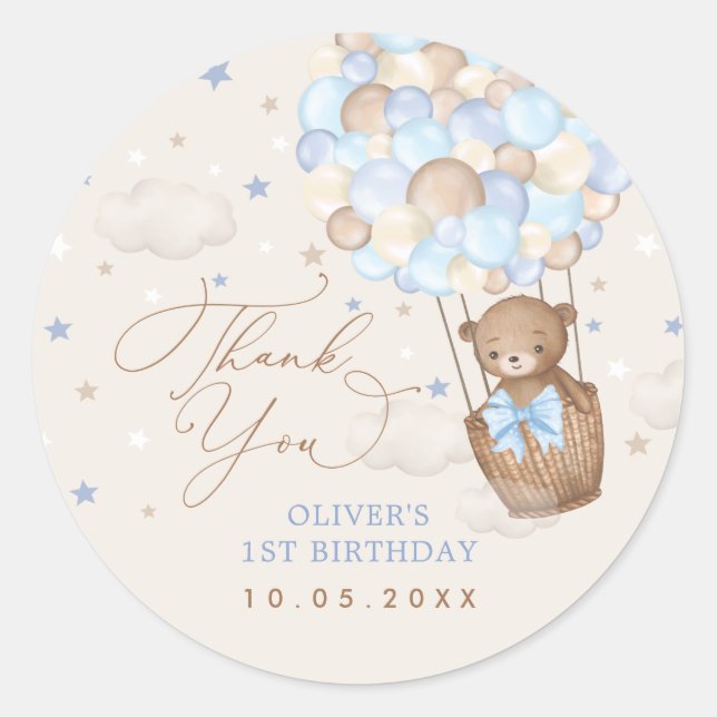 Blue Brown Teddy Bear Hot Air Balloon Birthday Boy Classic Round Sticker (Front)