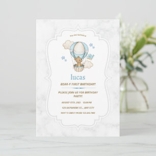 Blue Brown Teddy  Bear Hot Air Balloon Boy  Invitation