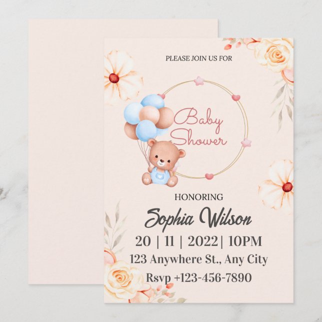  Blue Brown Teddy Bear with Balloons Baby Shower Invitation (Front/Back)