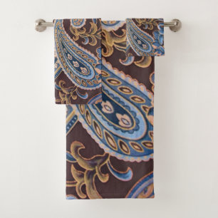 Blue Brown Vintage Paisley Bath Towel Set