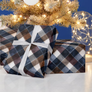 Blue Brown White Grey Squares Christmas Wrapping Paper