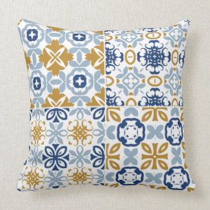 Blue brown white Portuguese tile pattern Throw Pillow