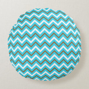Blue Brown White Zig Zag Lines Geometric Sea Waves Round Pillow
