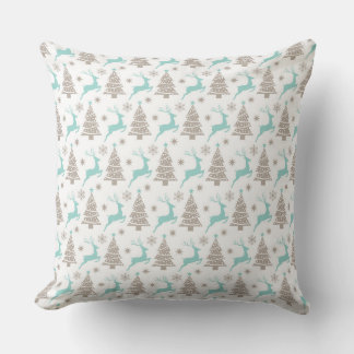 BLUE & BROWN WINTER REINDEER & CHRISTMAS TREES THROW PILLOW
