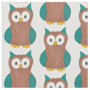 Blue Brown Wise Old Owl Bird Animal Print Fabric