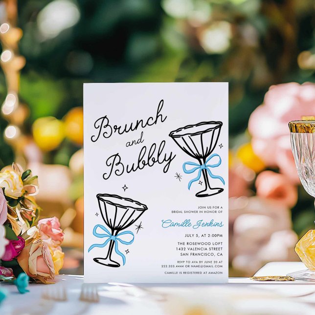 Blue Brunch and Bubbly Hand Drawn  Invitation (Blue Brunch and Bubbly Bridal Shower Invitation)