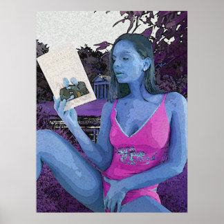 Blue brunette reading a good book poster