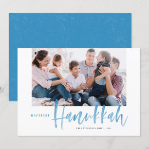 Blue Brush Calligraphy Happiest Hanukkah Photo Holiday Card