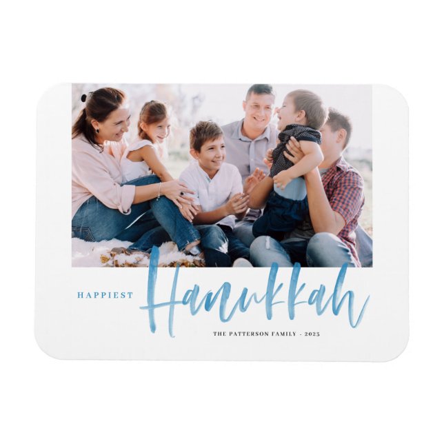 Blue Brush Calligraphy Happiest Hanukkah Photo Magnet (Horizontal)